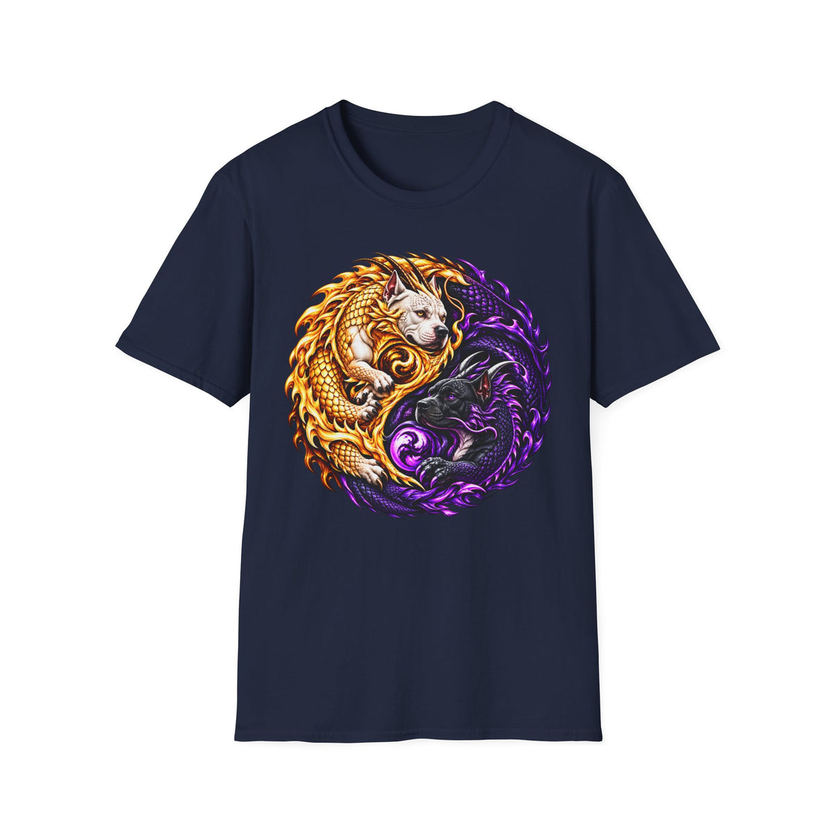 Pit Bull Dragon Yin Yang T‑Shirt — Golden & Purple Dragon Graphic Tee