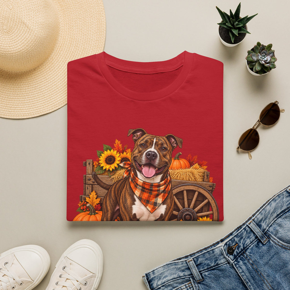 Fall Dog T‑Shirt — Brown Pitbull with Pumpkins & Sunflowers Autumn Tee