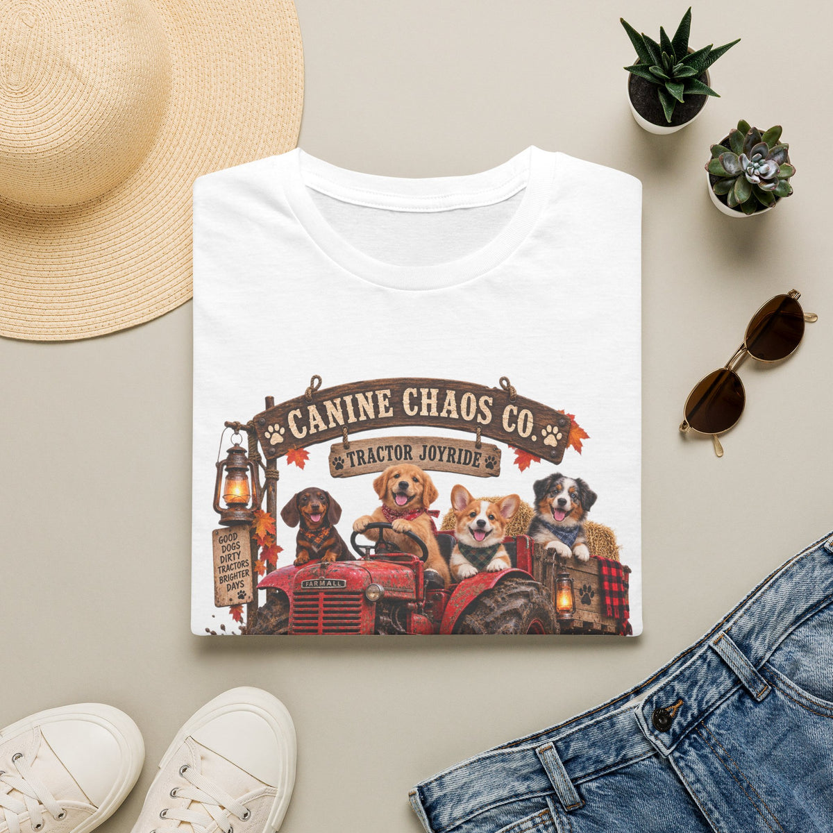 Canine Chaos Co. Fall Tractor T-Shirt — Cute Dogs on Tractor, Harvest & Pumpkin Farm Tee