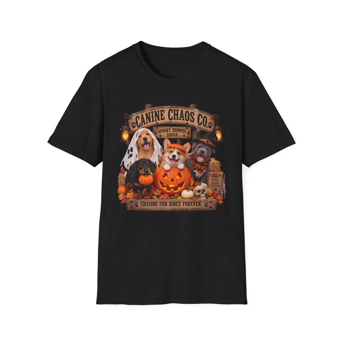 Canine Chaos Co. Halloween Dog T-Shirt — 'Chasing Fun Since Forever'