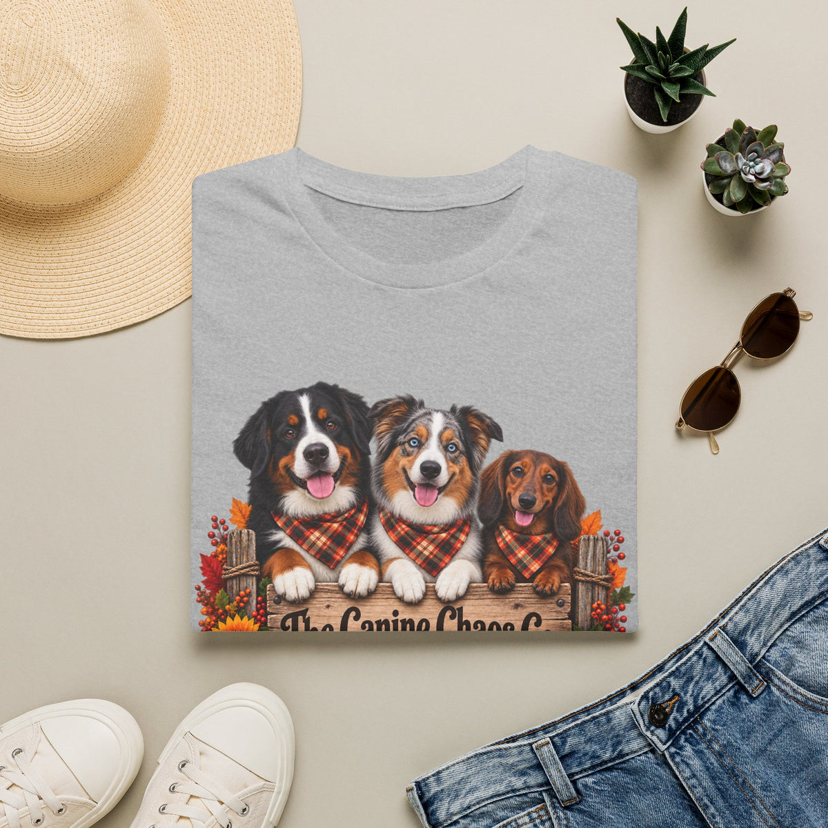 Three Dogs in Plaid Scarf Fall Leaves T-Shirt | Autumn Dog Trio