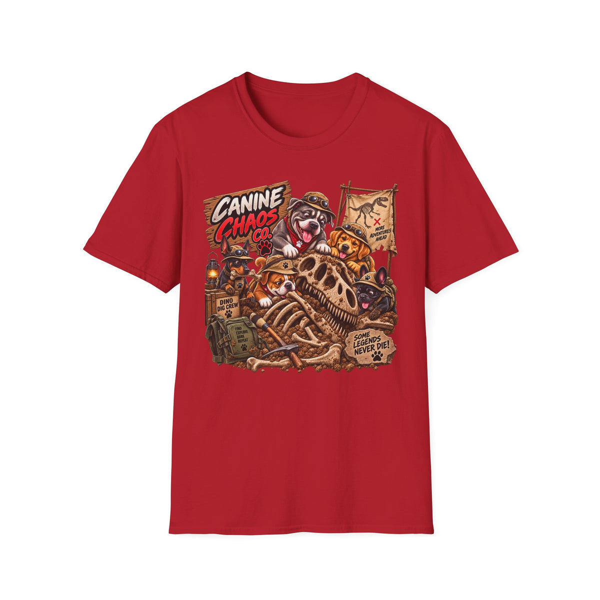 Canine Chaos Co. Graphic T‑Shirt — Funny Dog Skeleton Adventure Tee