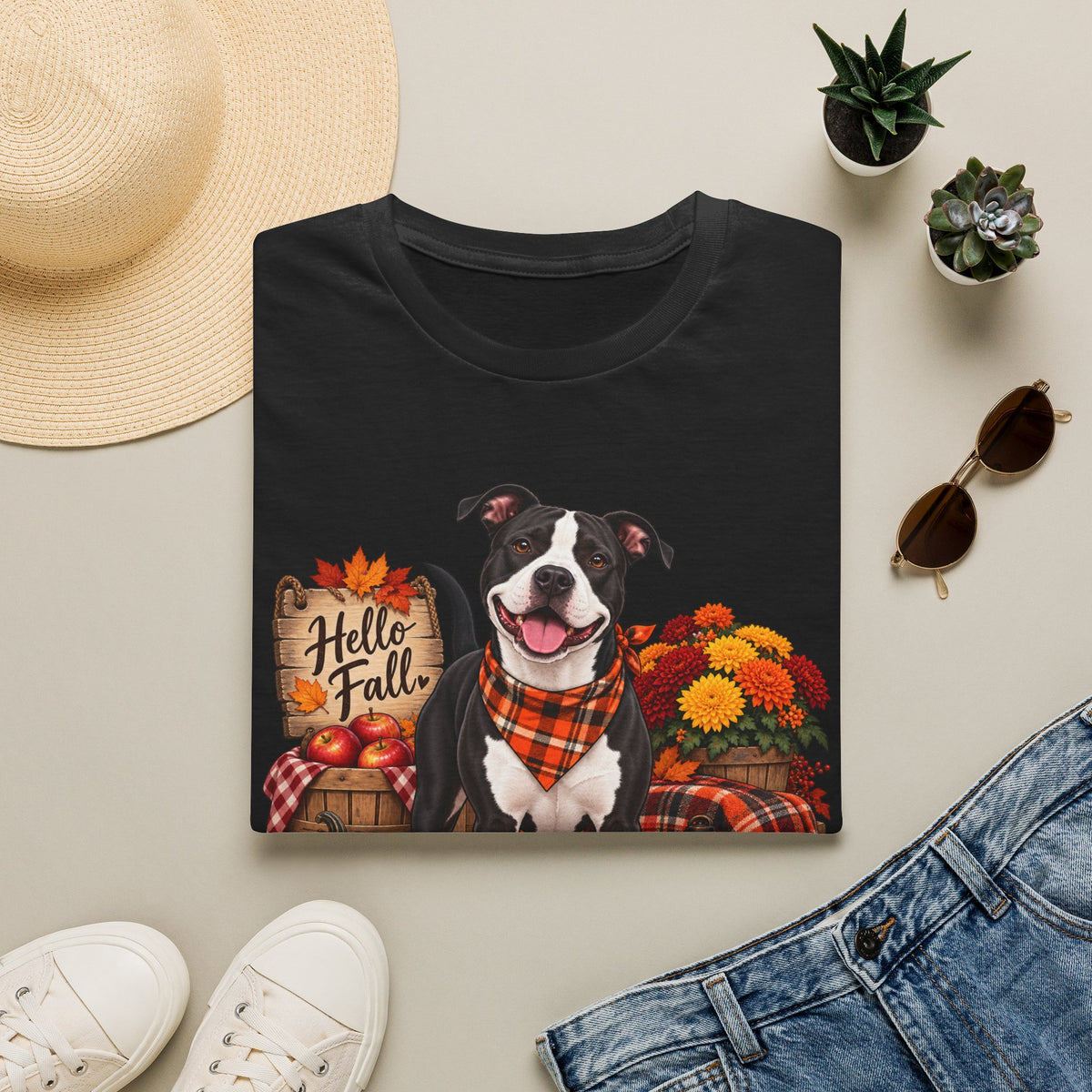 Hello Fall Pit Bull T-Shirt — Autumn Pumpkin Plaid Dog Tee