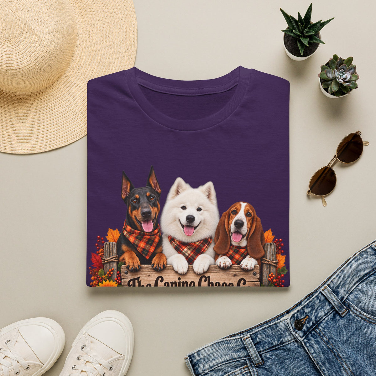 T-Shirt — Fall Dogs Trio "The Canine Chase Co." Plaid Pumpkin Tee