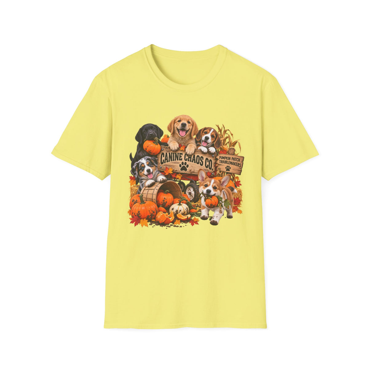 Halloween Dog Crew T-Shirt — "Canine Chaos Co." Autumn Pumpkin Puppy Tee