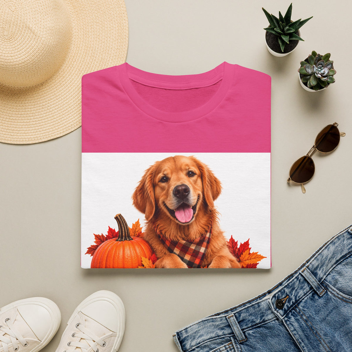 Golden Retriever Fall T‑Shirt – 'Canine Chur Co.' Pumpkin & Leaves Design