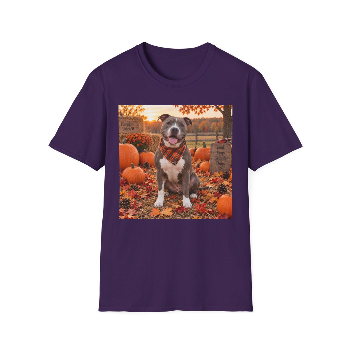 Fall Pumpkin Patch Dog T‑Shirt — Cute Pitbull in Autumn Scene