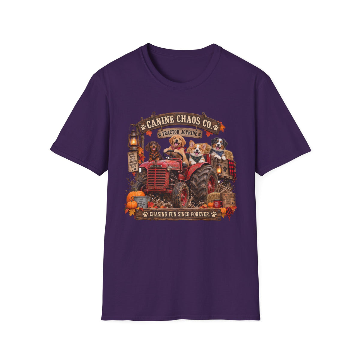 Canine Chaos Co. Fall Tractor T-Shirt — Cute Dogs on Tractor, Harvest & Pumpkin Farm Tee
