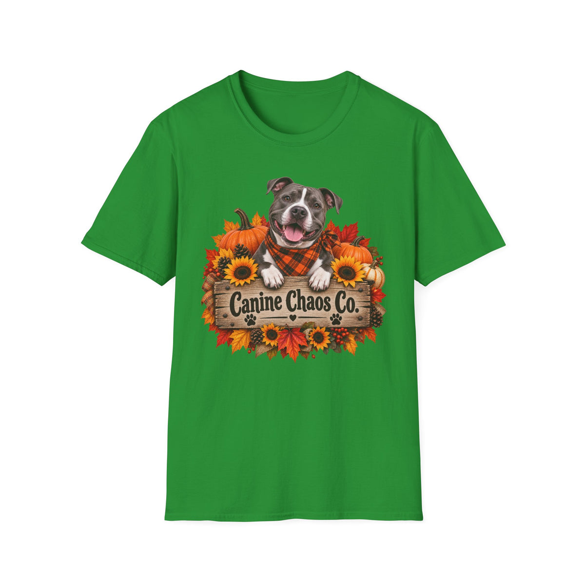Canine Chaos Co. Fall Dog T-Shirt — Autumn Sunflowers & Plaid Bandana Tee