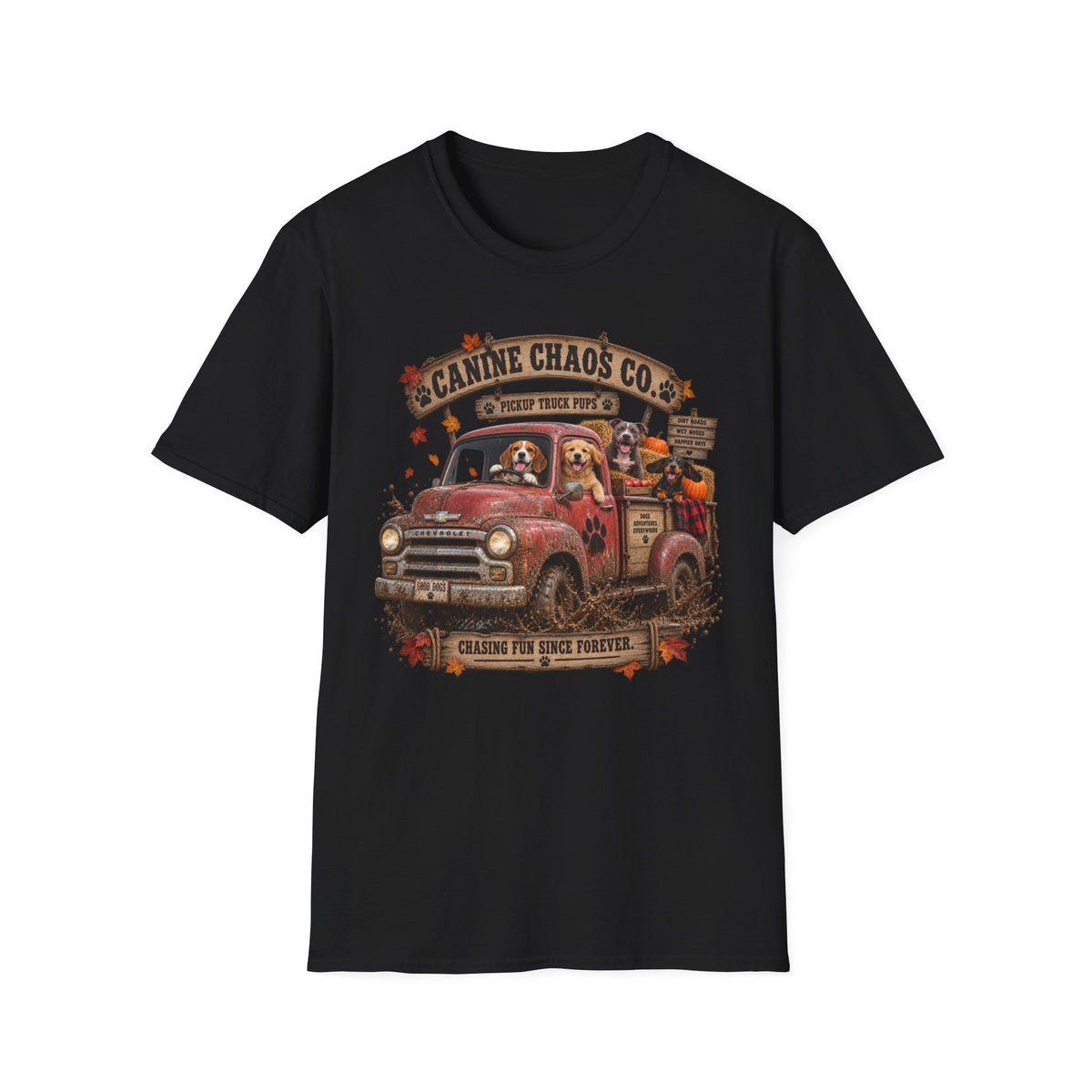 Canine Chaos Co. Vintage Dog Truck T-Shirt — Dogs Riding Pickup Graphic Tee