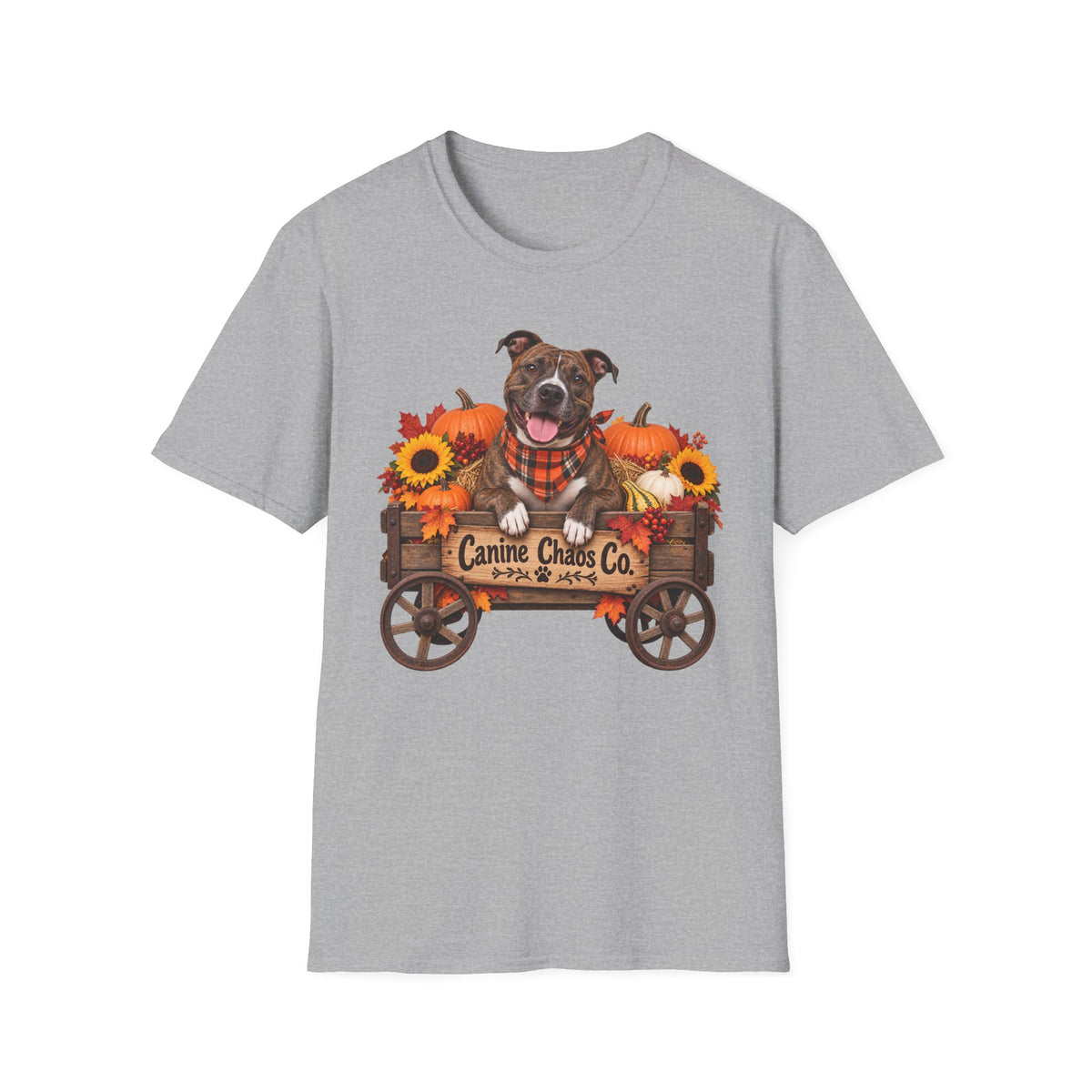 Fall Dog Wagon T-Shirt — "Canine Chaos Co." Pumpkin & Sunflower Autumn Tee