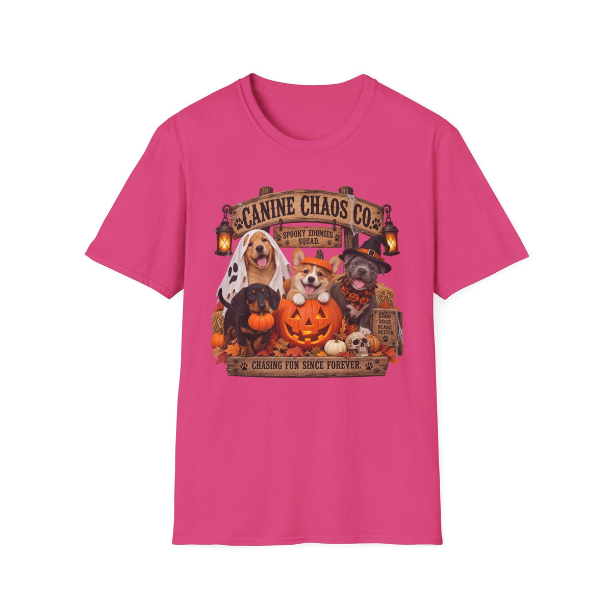 Canine Chaos Co. Halloween Dog T-Shirt — 'Chasing Fun Since Forever'