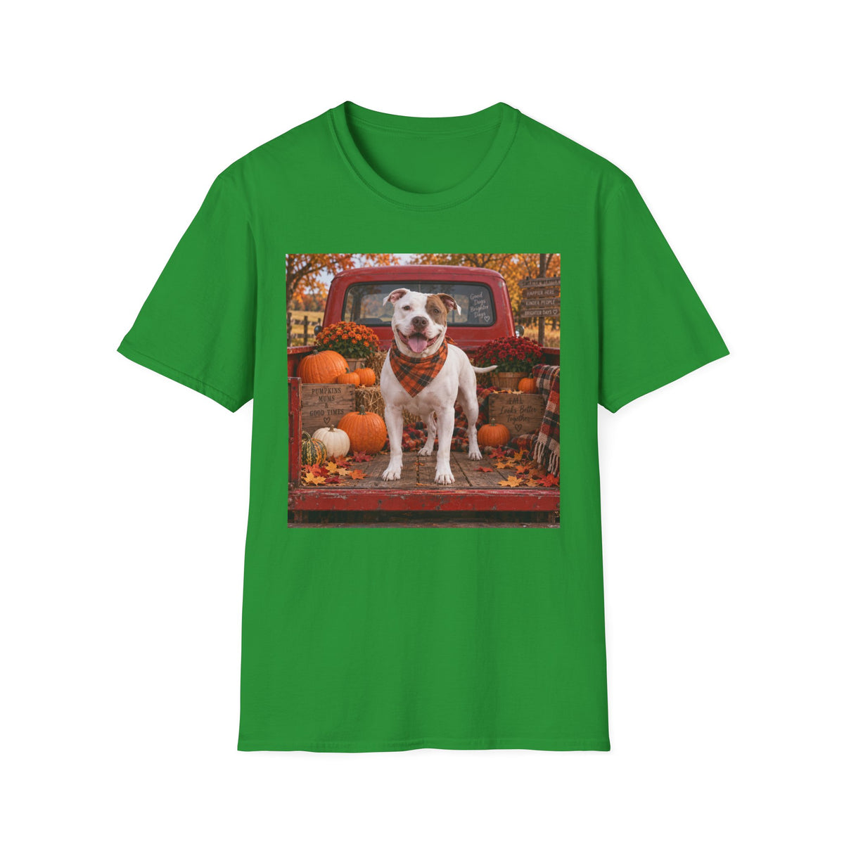 Dog & Pumpkins Fall T-Shirt — Cute Pitbull in Pickup Truck Autumn Tee