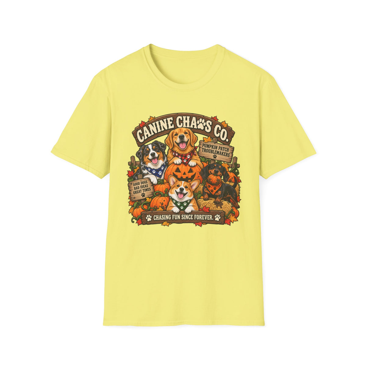 Canine Chaos Co. Halloween Dog T-Shirt — "Chasing Fun Since Forever" Cute Fall Puppy Tee