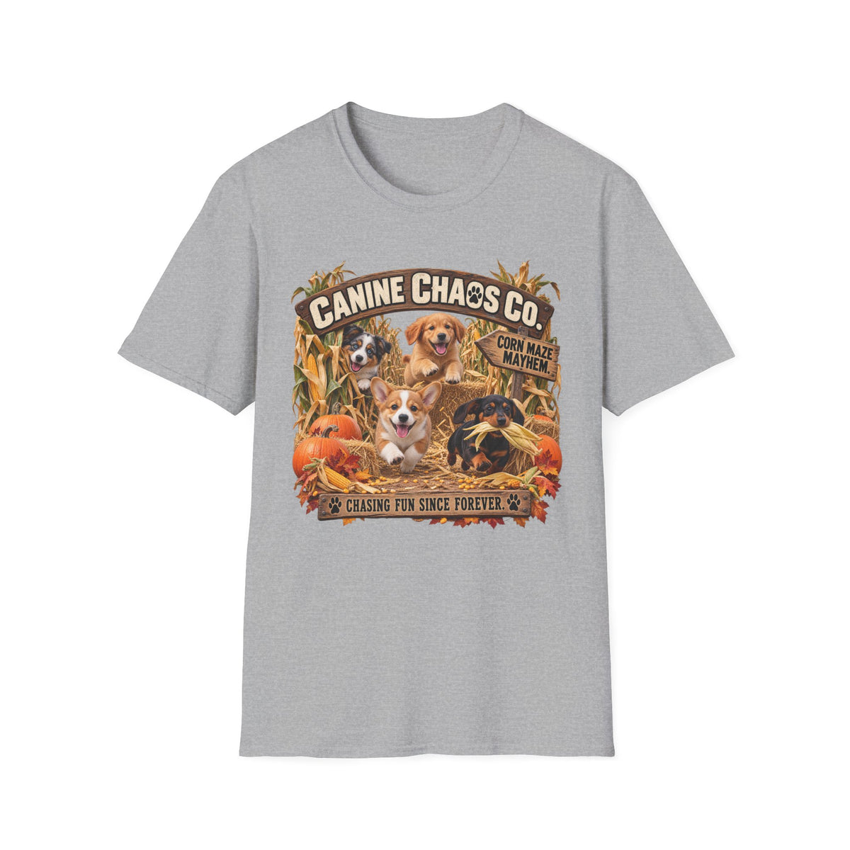 Canine Chaos Co. Fall Dogs T-Shirt — "Chasing Fun Since Forever"