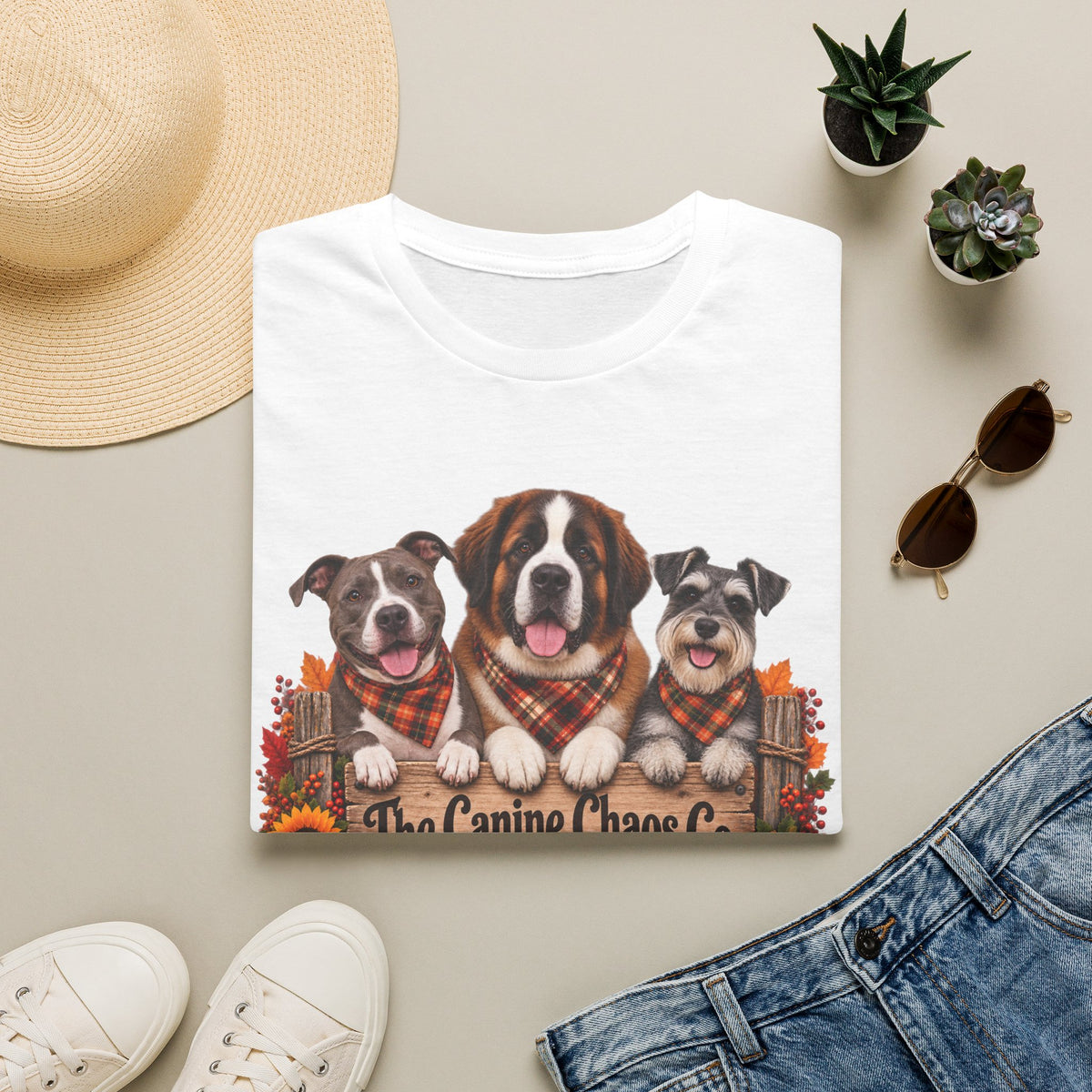 Fall Dog Trio T-Shirt — "The Canine Chaos Co." Plaid Pumpkin Tee
