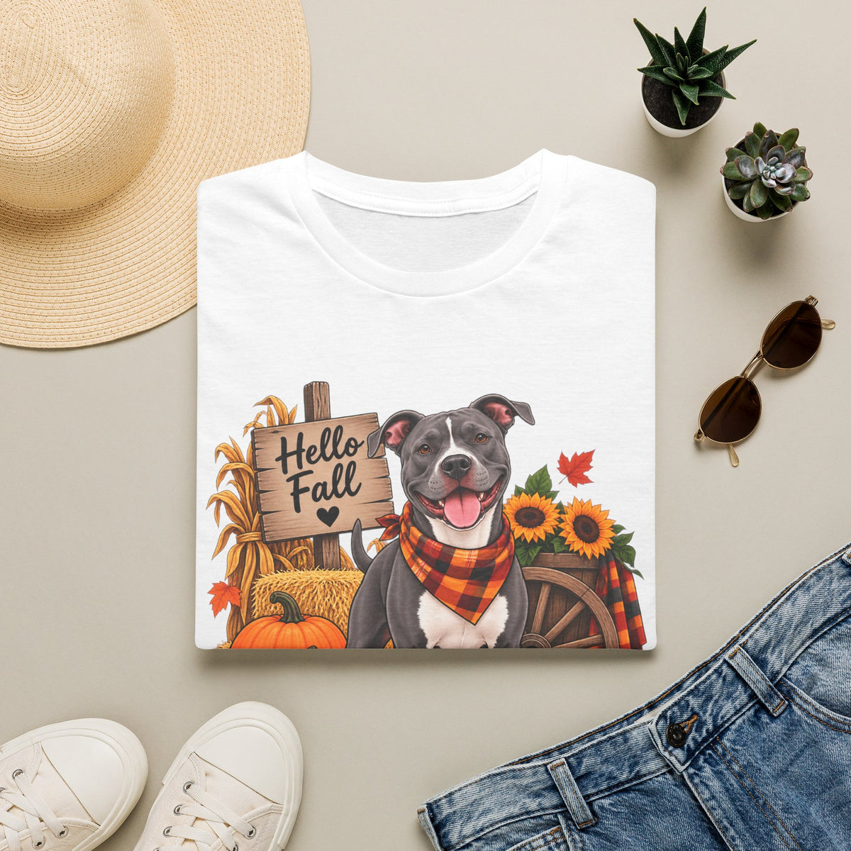 Hello Fall Dog T-Shirt — Autumn Pumpkins & Sunflowers Graphic Tee