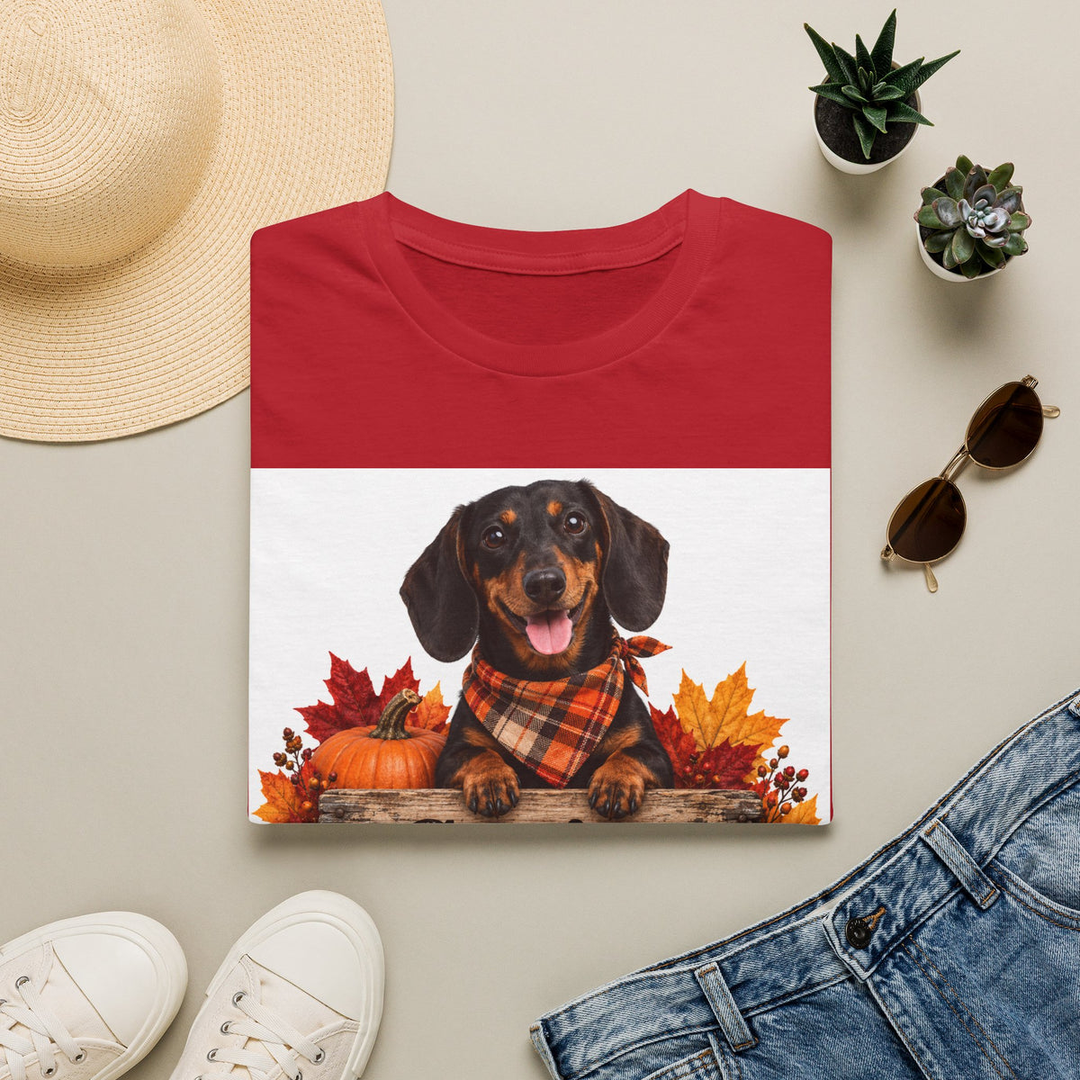 Dachshund Fall Tee — "Canine Chaos Co." Plaid Scarf Autumn Dog T-Shirt