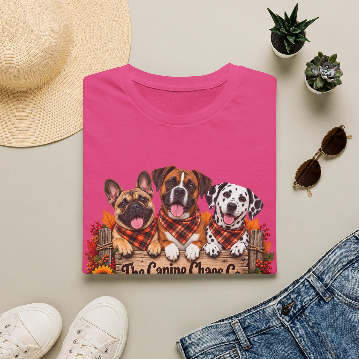 Fall Trio Dogs T-Shirt | Cute French Bulldog Boxer Dalmatian with Pumpkins