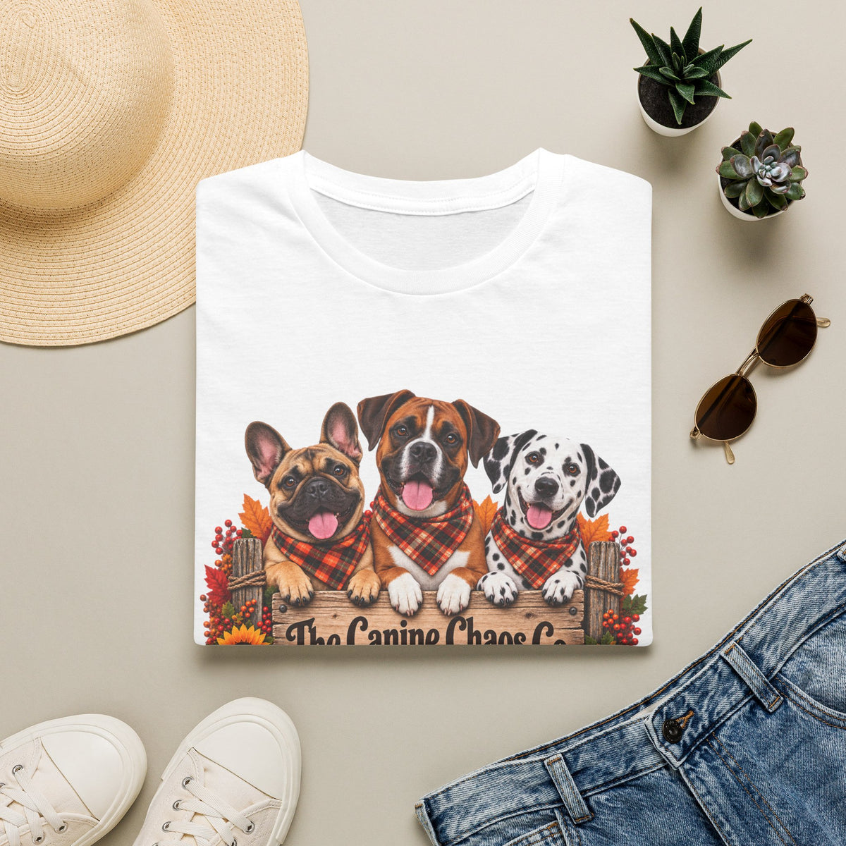 Fall Trio Dogs T-Shirt | Cute French Bulldog Boxer Dalmatian with Pumpkins
