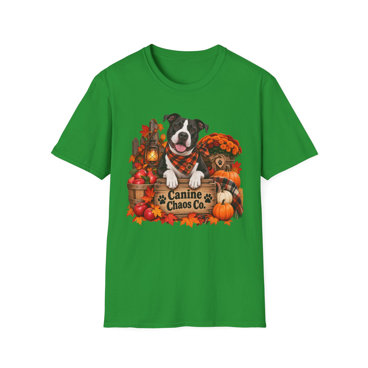Fall Dog T-Shirt — "Canine Chaos Co." Autumn Pumpkin & Leaves Tee