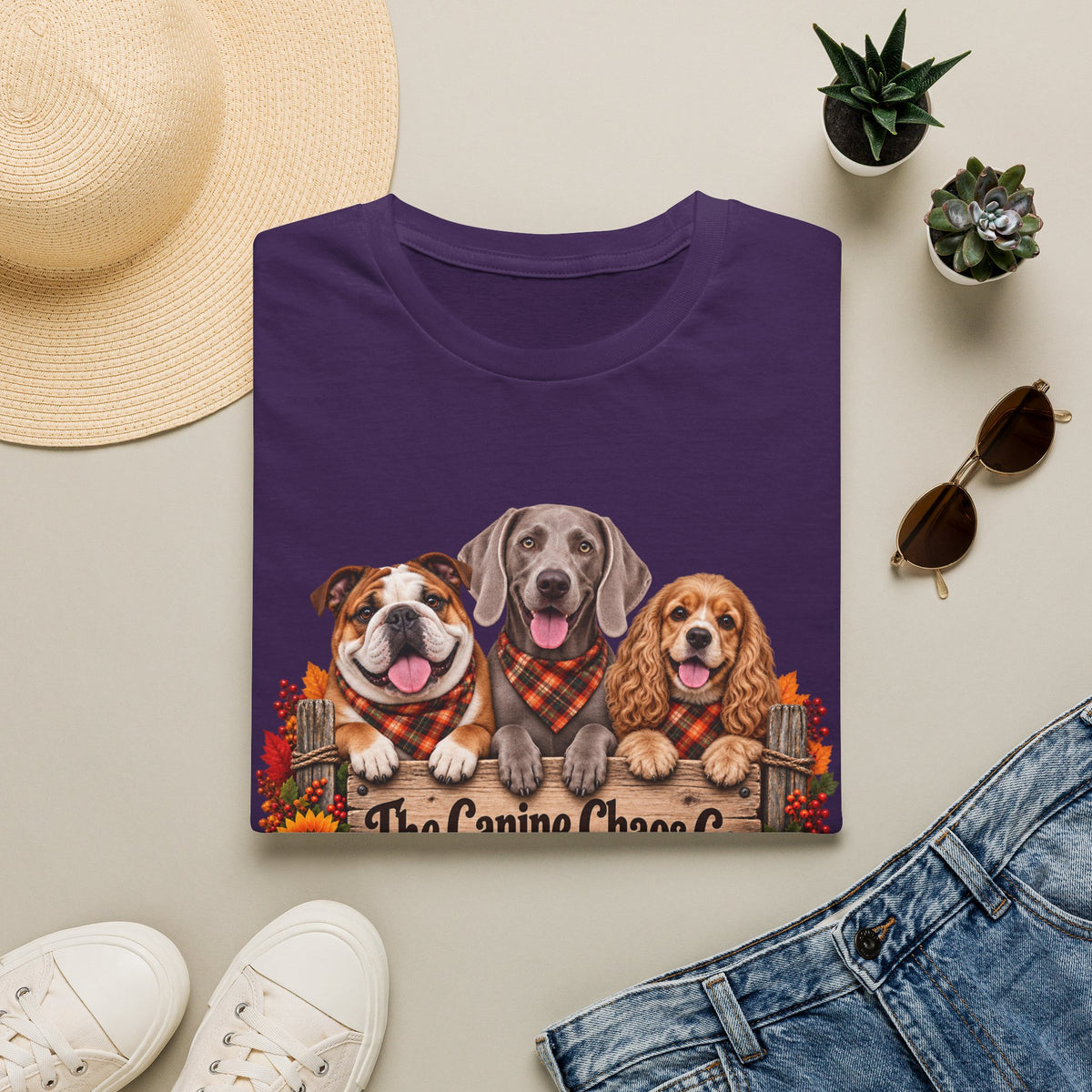 Dog Trio Fall Tee — "The Canine Chase Co." Autumn Puppies T-Shirt