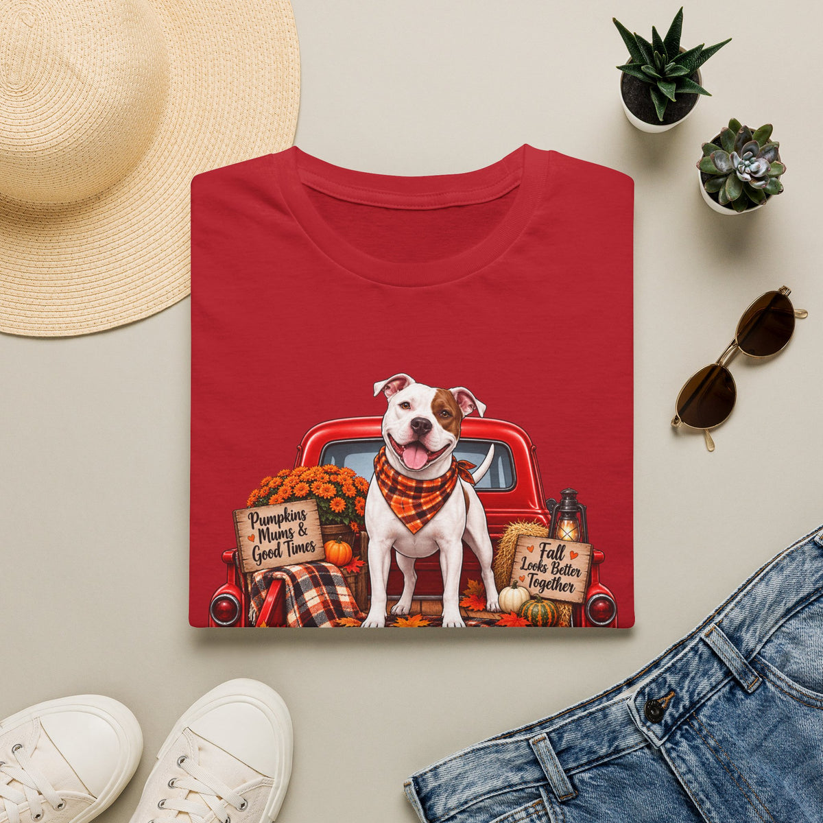 T-Shirt — Fall Dog on Vintage Truck Graphic (Pumpkins, Plaid, "Pumpkins, Family & Good Times")