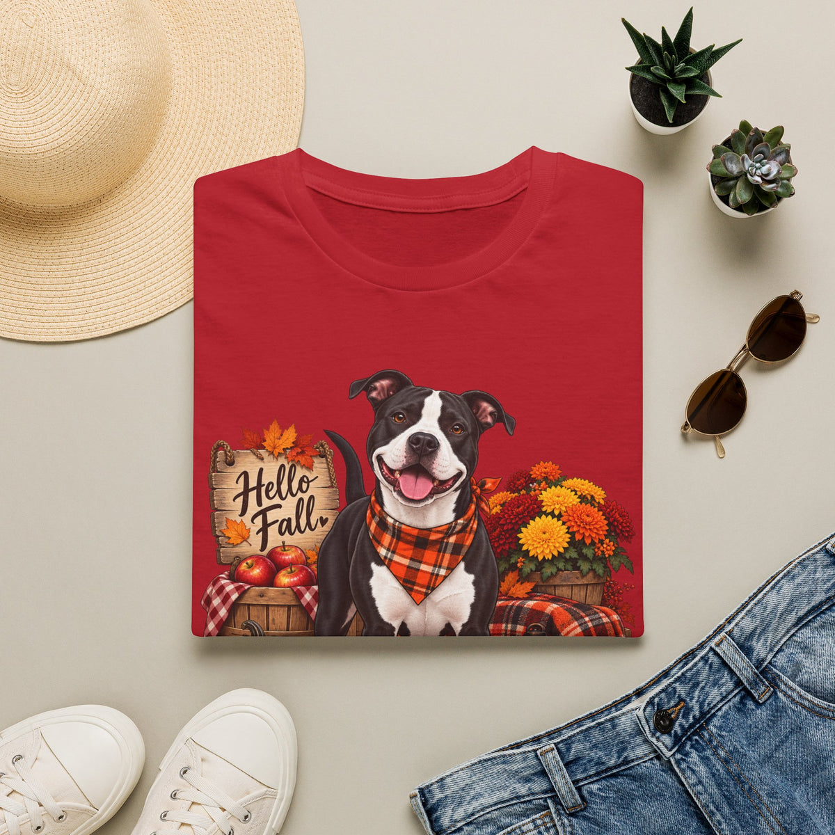 Hello Fall Dog T-Shirt — Thanksgiving Pumpkin & Plaid Pet Tee