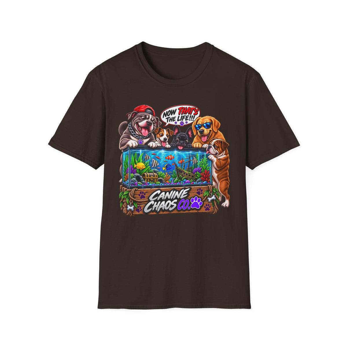Canine Chaos Aquarium T-Shirt — Funny Dogs 'Now Save the Fish!' Graphic Tee