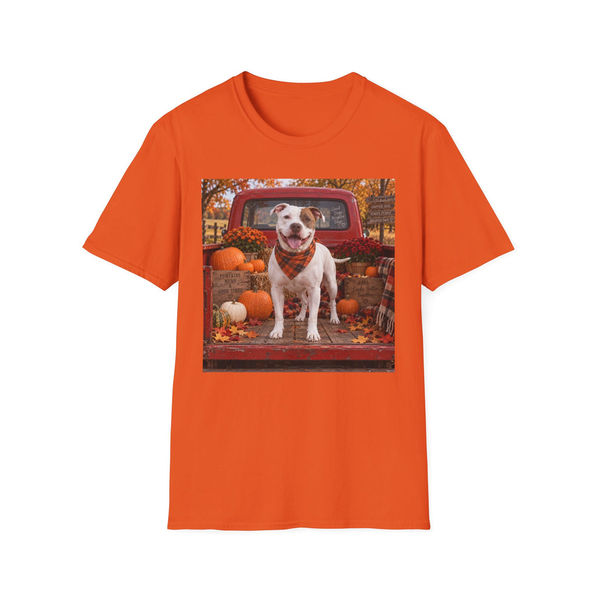 Dog & Pumpkins Fall T-Shirt — Cute Pitbull in Pickup Truck Autumn Tee