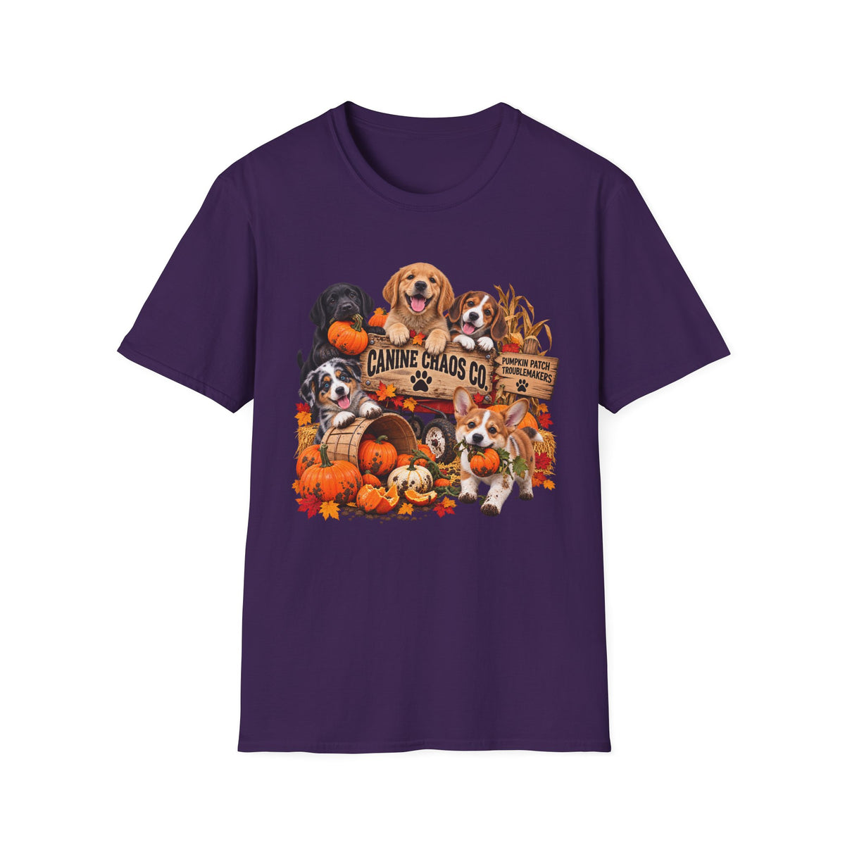 Halloween Dog Crew T-Shirt — "Canine Chaos Co." Autumn Pumpkin Puppy Tee