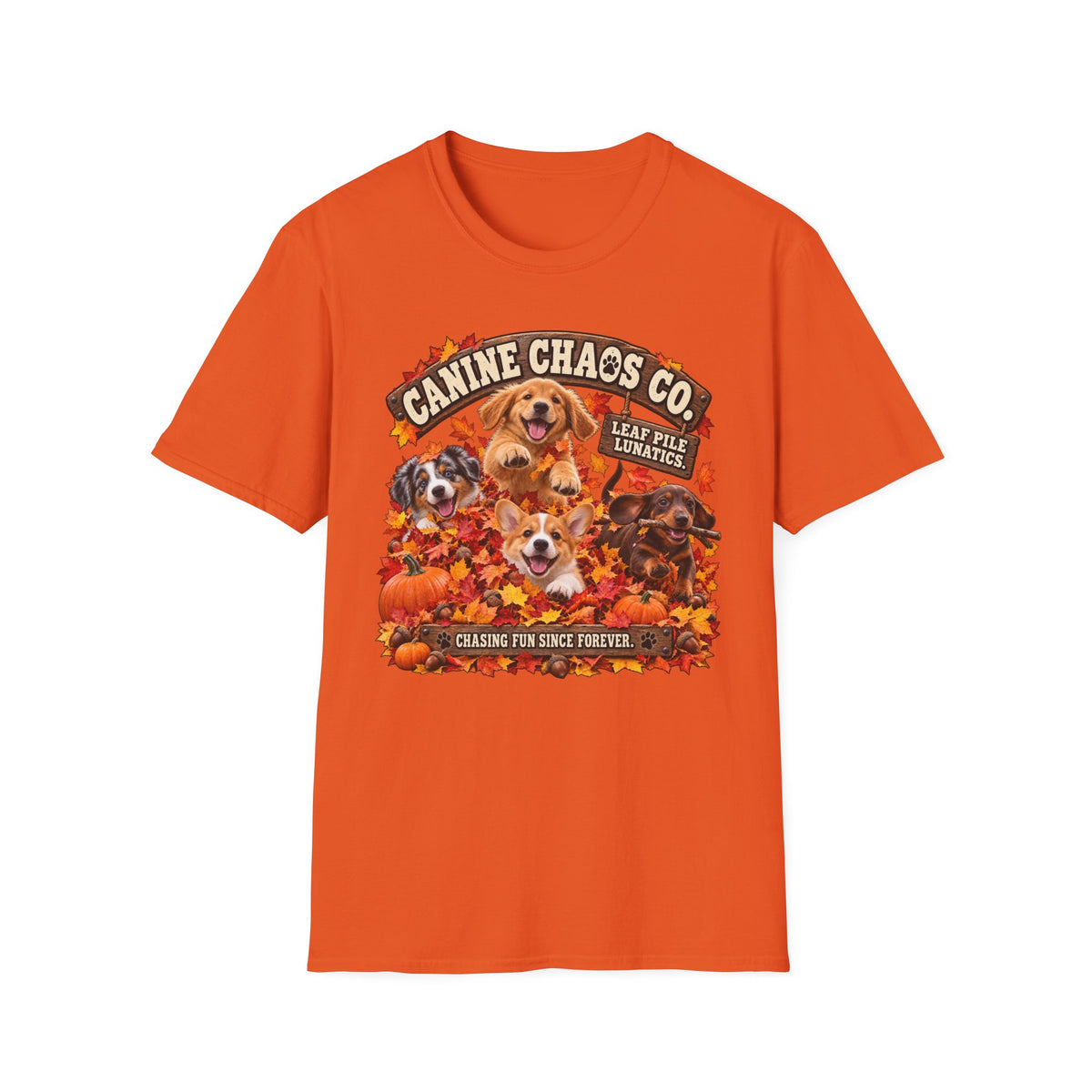 Canine Chaos Co. Fall Dogs T-Shirt — 'Leaf Pile Fanatics' Autumn Puppy Tee