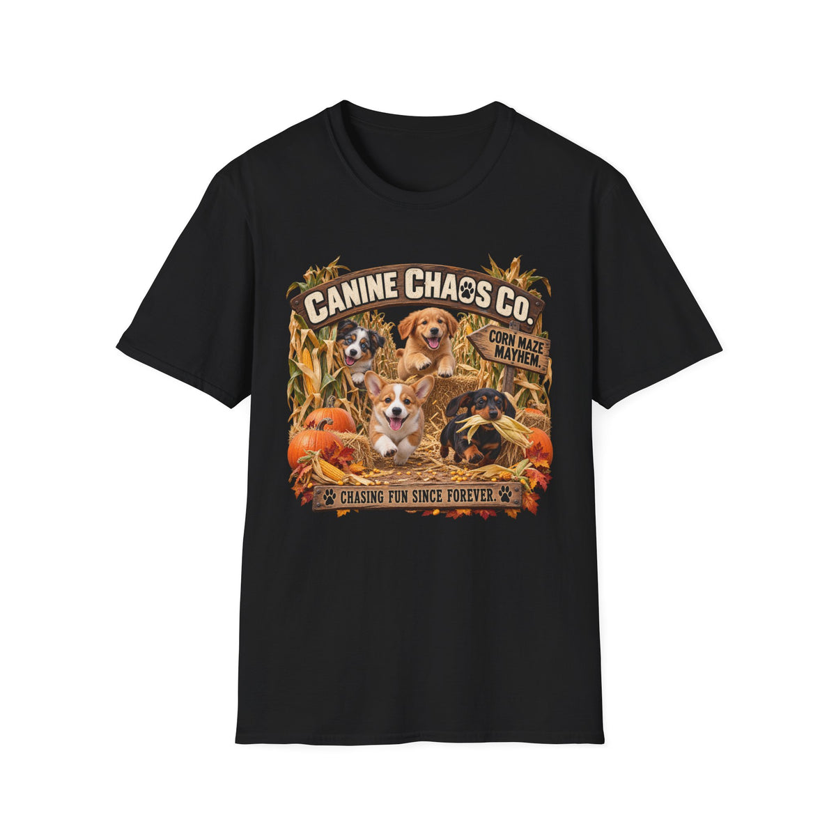 Canine Chaos Co. Fall Dogs T-Shirt — "Chasing Fun Since Forever"