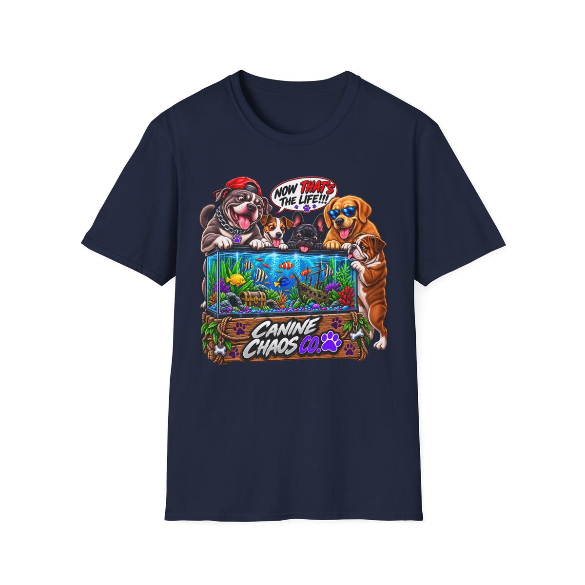 Canine Chaos Aquarium T-Shirt — Funny Dogs 'Now Save the Fish!' Graphic Tee
