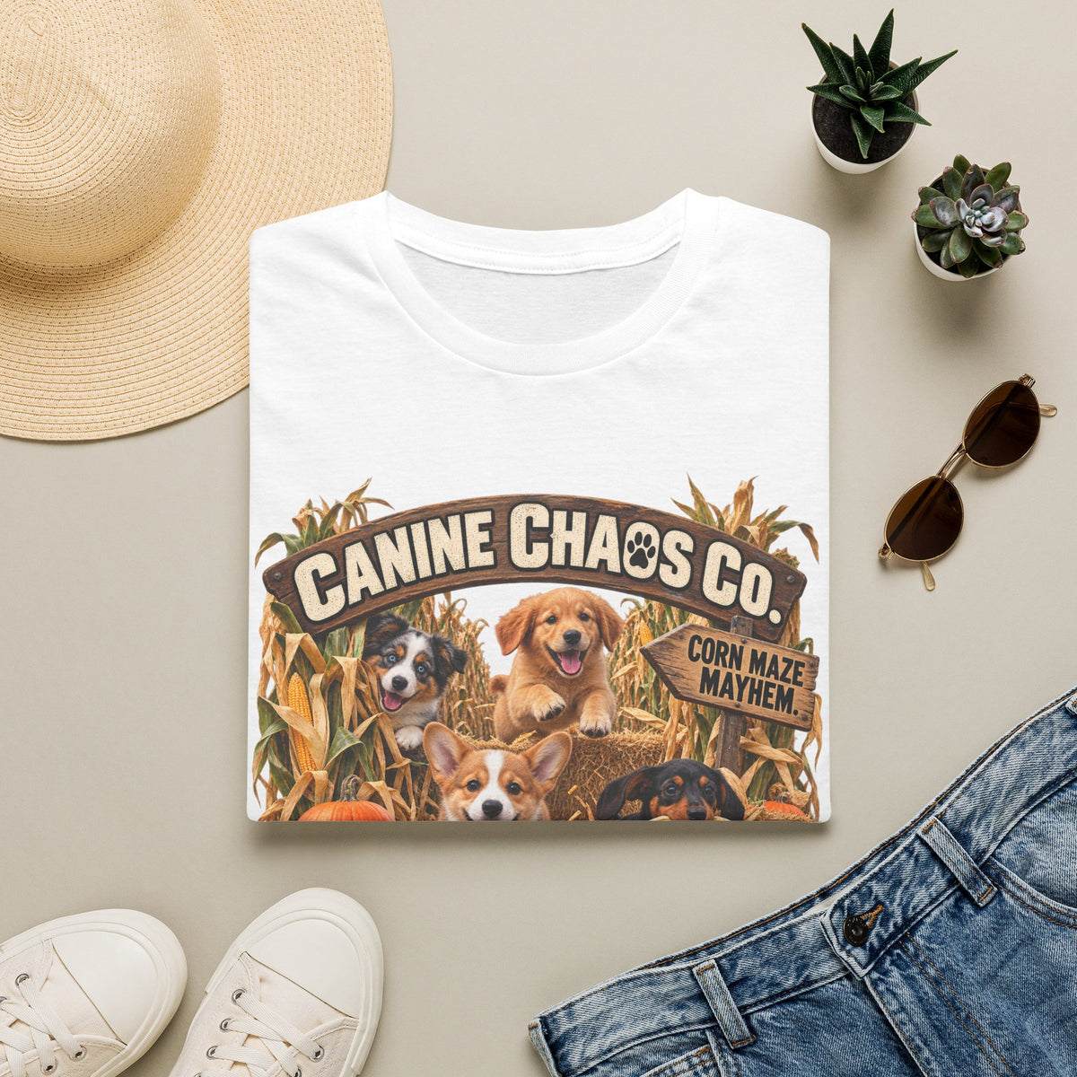 Canine Chaos Co. Fall Dogs T-Shirt — "Chasing Fun Since Forever"