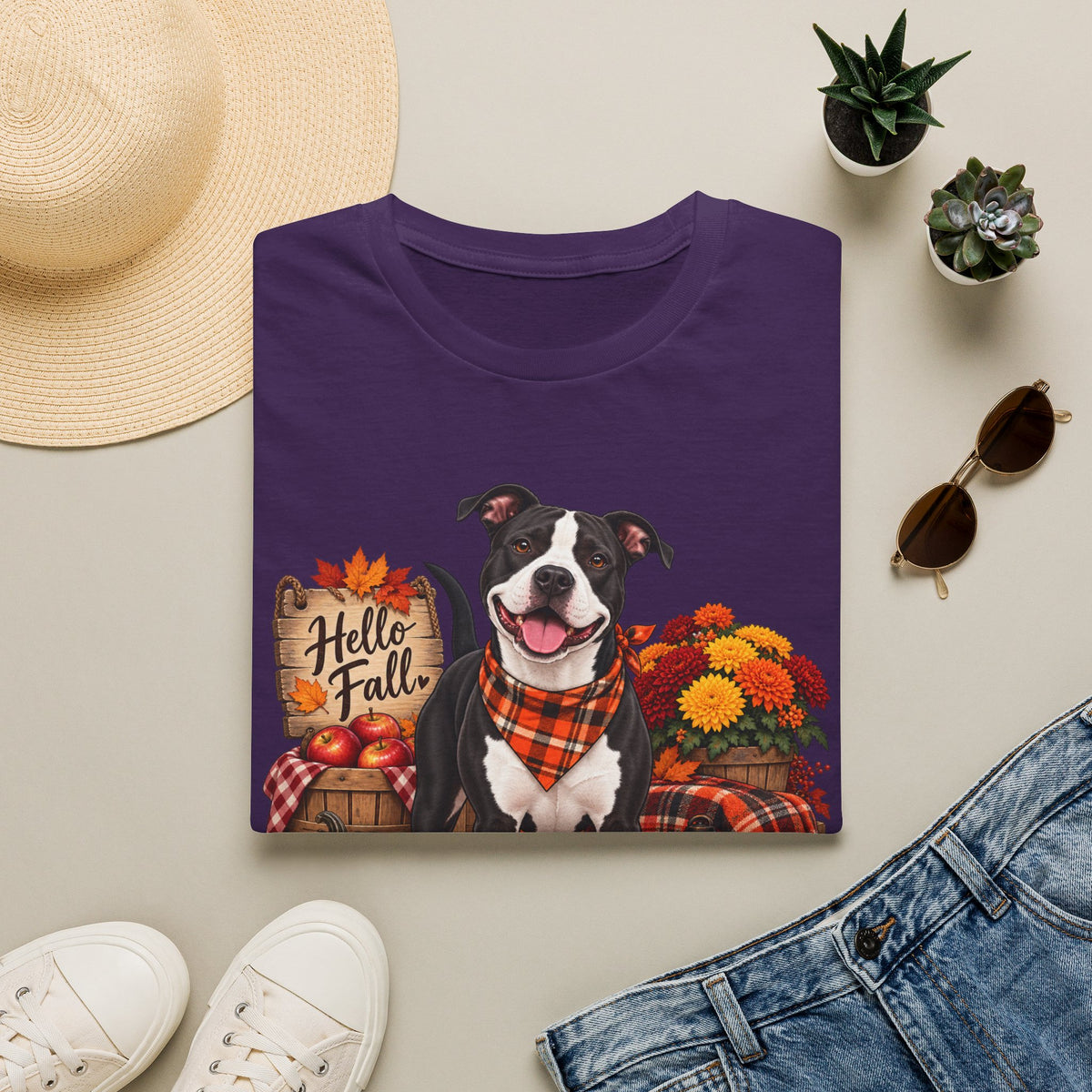 Hello Fall Dog T-Shirt — Thanksgiving Pumpkin & Plaid Pet Tee