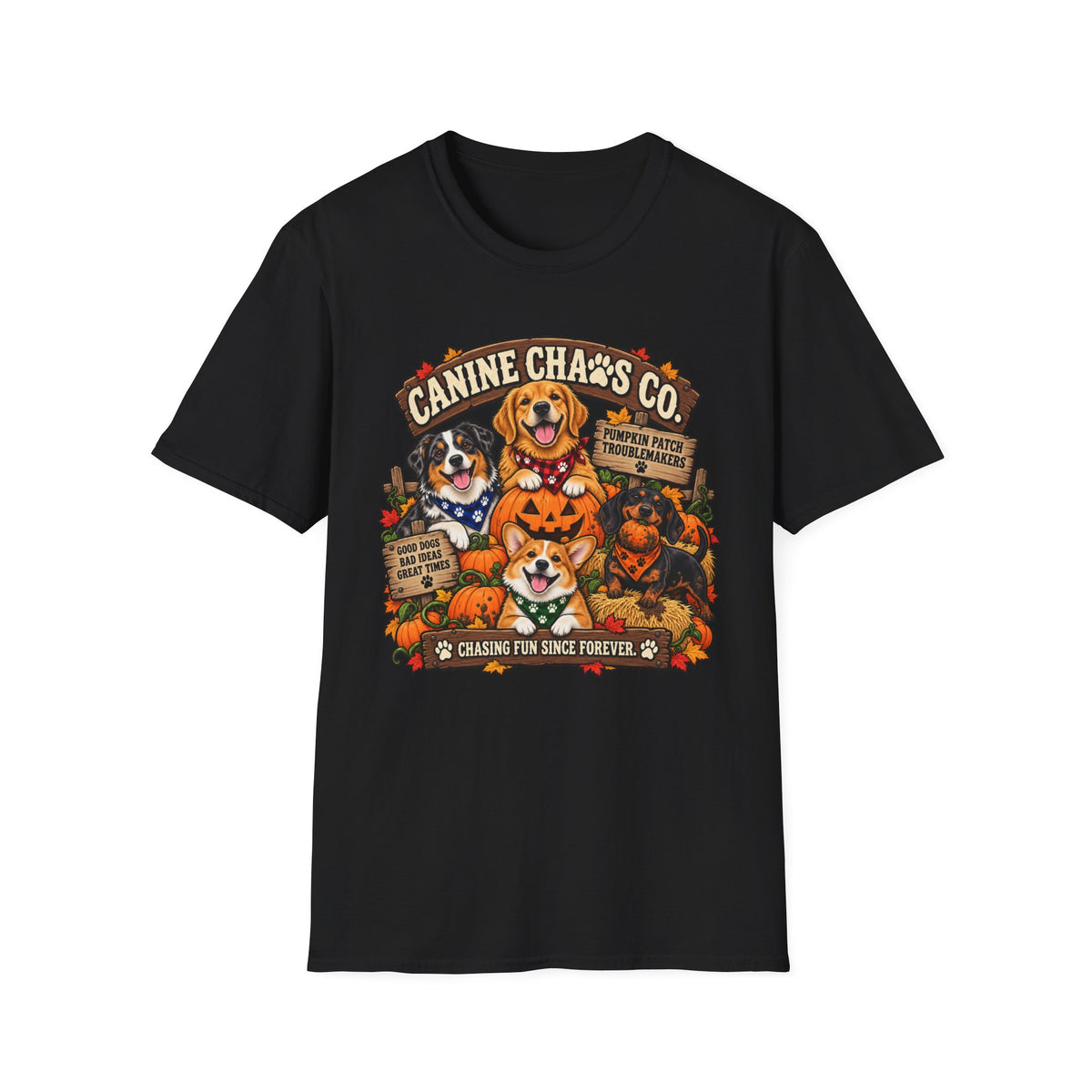 Canine Chaos Co. Halloween Dog T-Shirt — "Chasing Fun Since Forever" Cute Fall Puppy Tee