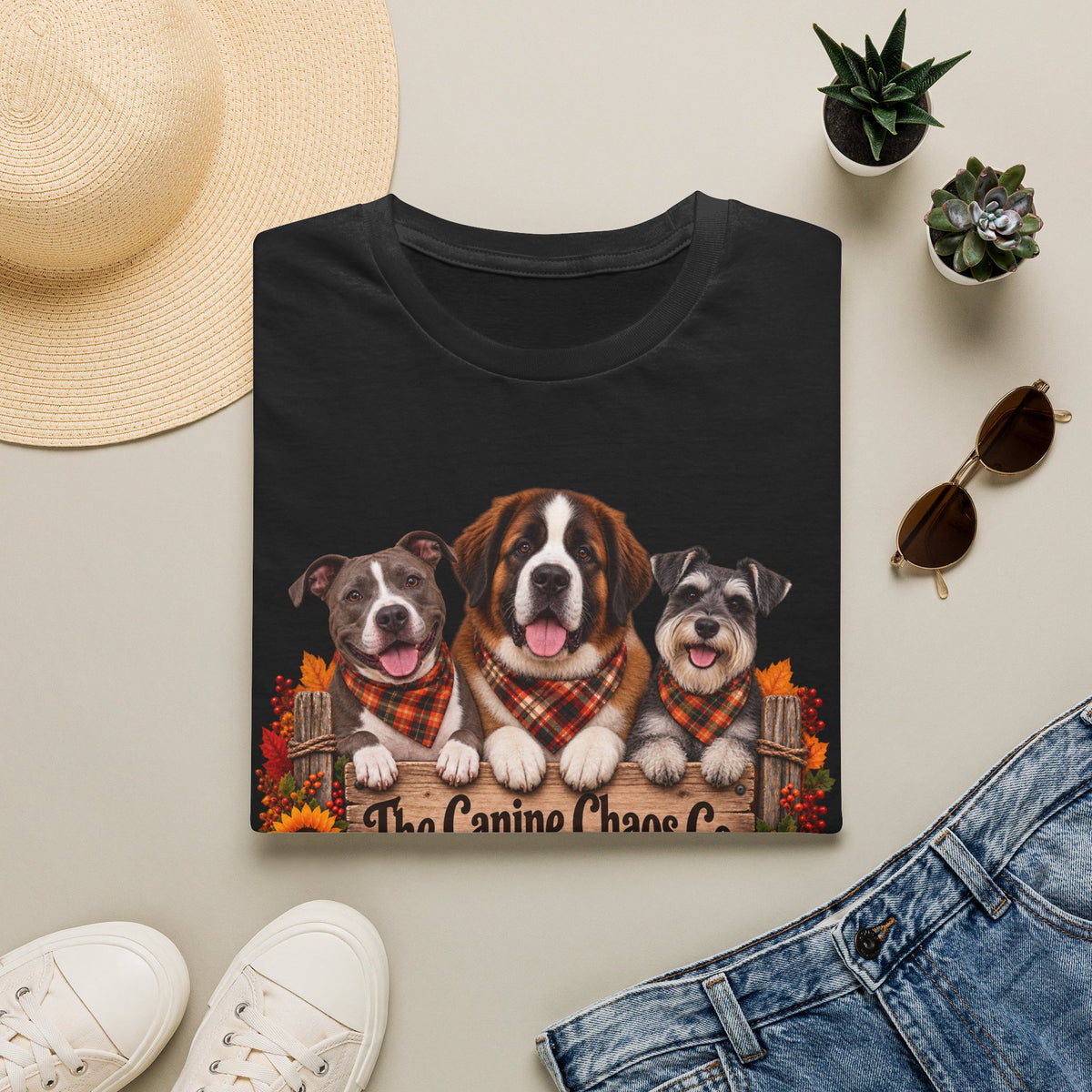 Fall Dog Trio T-Shirt — "The Canine Chaos Co." Plaid Pumpkin Tee