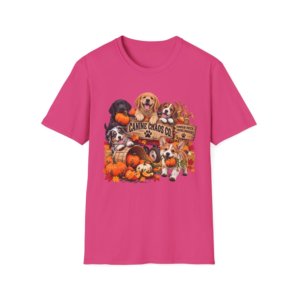 Halloween Dog Crew T-Shirt — "Canine Chaos Co." Autumn Pumpkin Puppy Tee