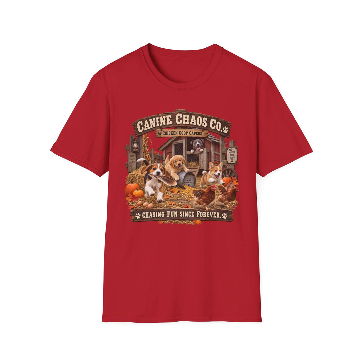 Canine Chaos Co. Fall Dogs T-Shirt — "Chasing Fun Since Forever"