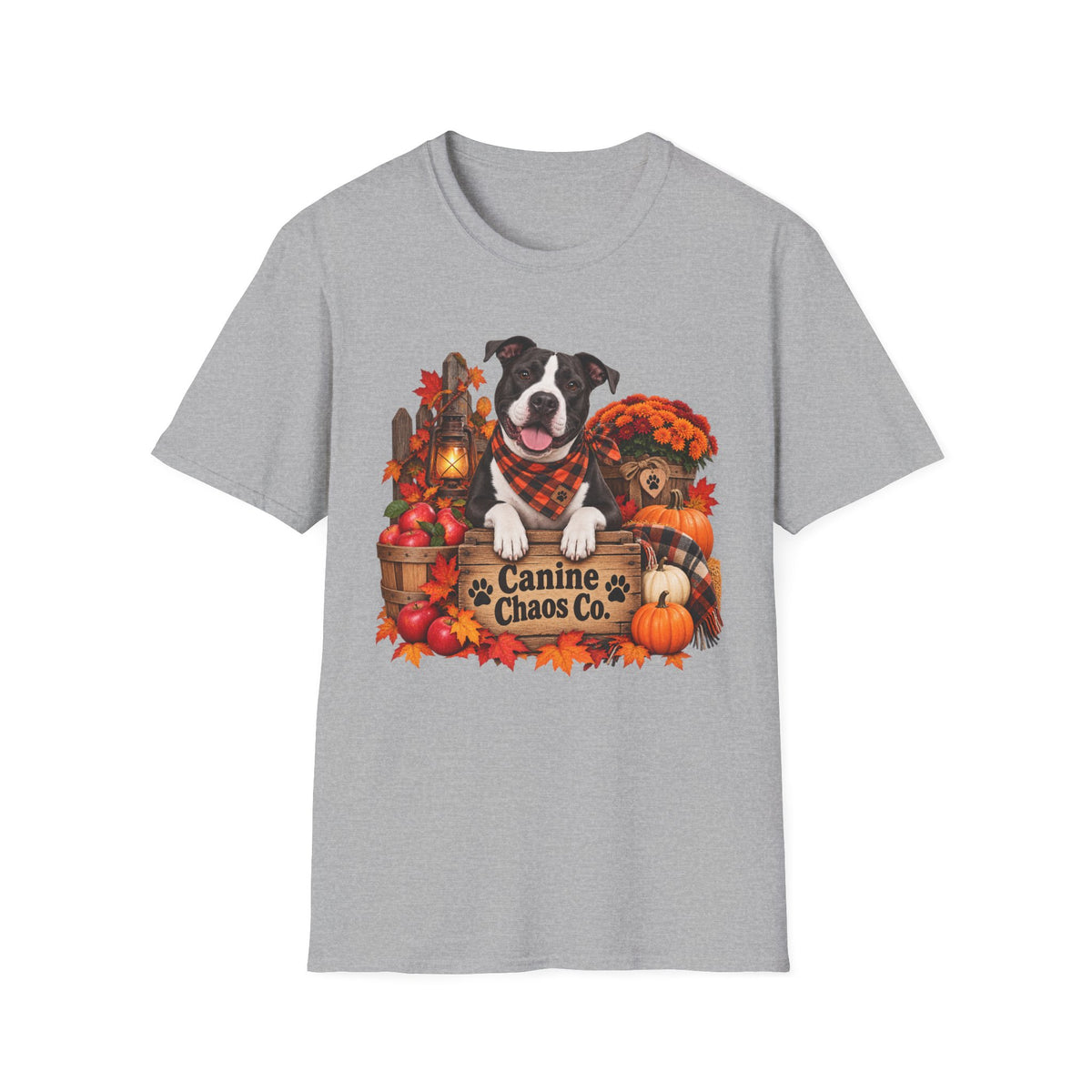 Fall Dog T-Shirt — "Canine Chaos Co." Autumn Pumpkin & Leaves Tee