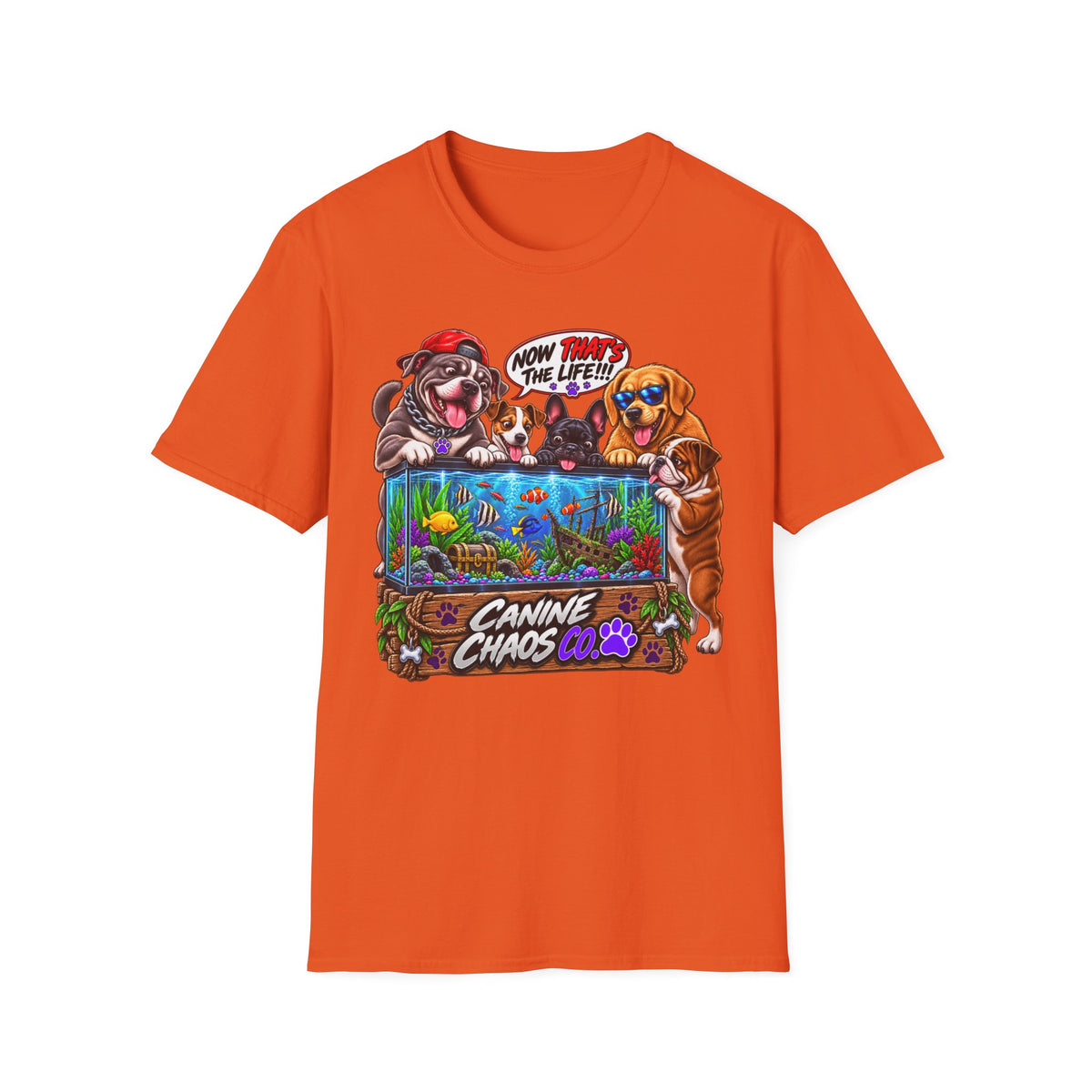 Canine Chaos Aquarium T-Shirt — Funny Dogs 'Now Save the Fish!' Graphic Tee