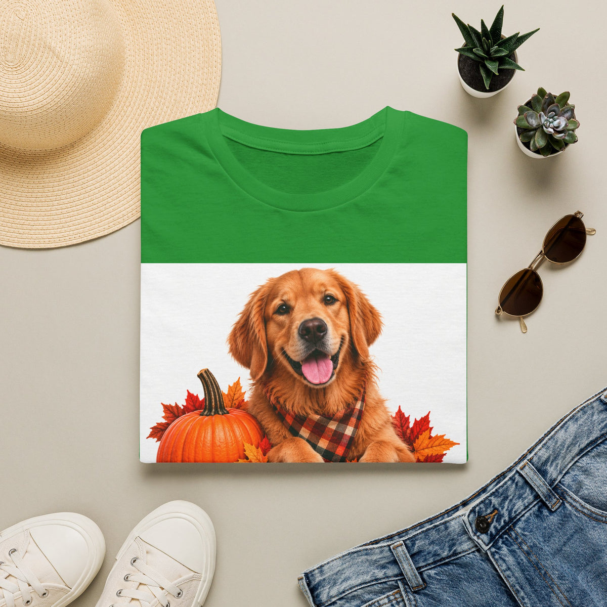Golden Retriever Fall T‑Shirt – 'Canine Chur Co.' Pumpkin & Leaves Design