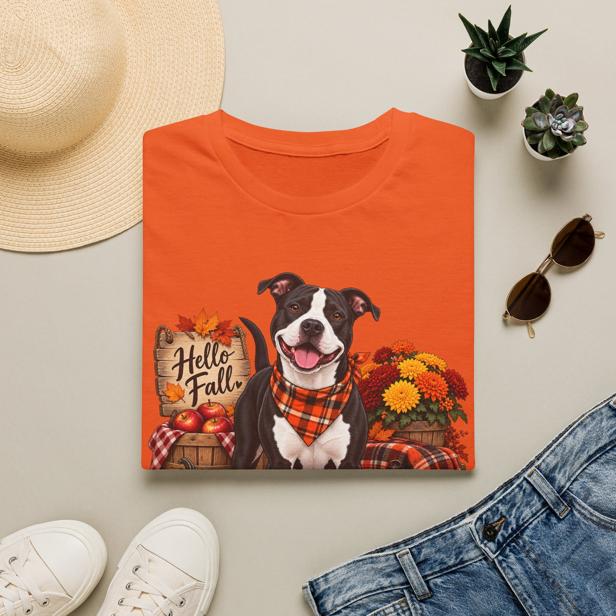 Hello Fall Pit Bull T-Shirt — Autumn Pumpkin Plaid Dog Tee