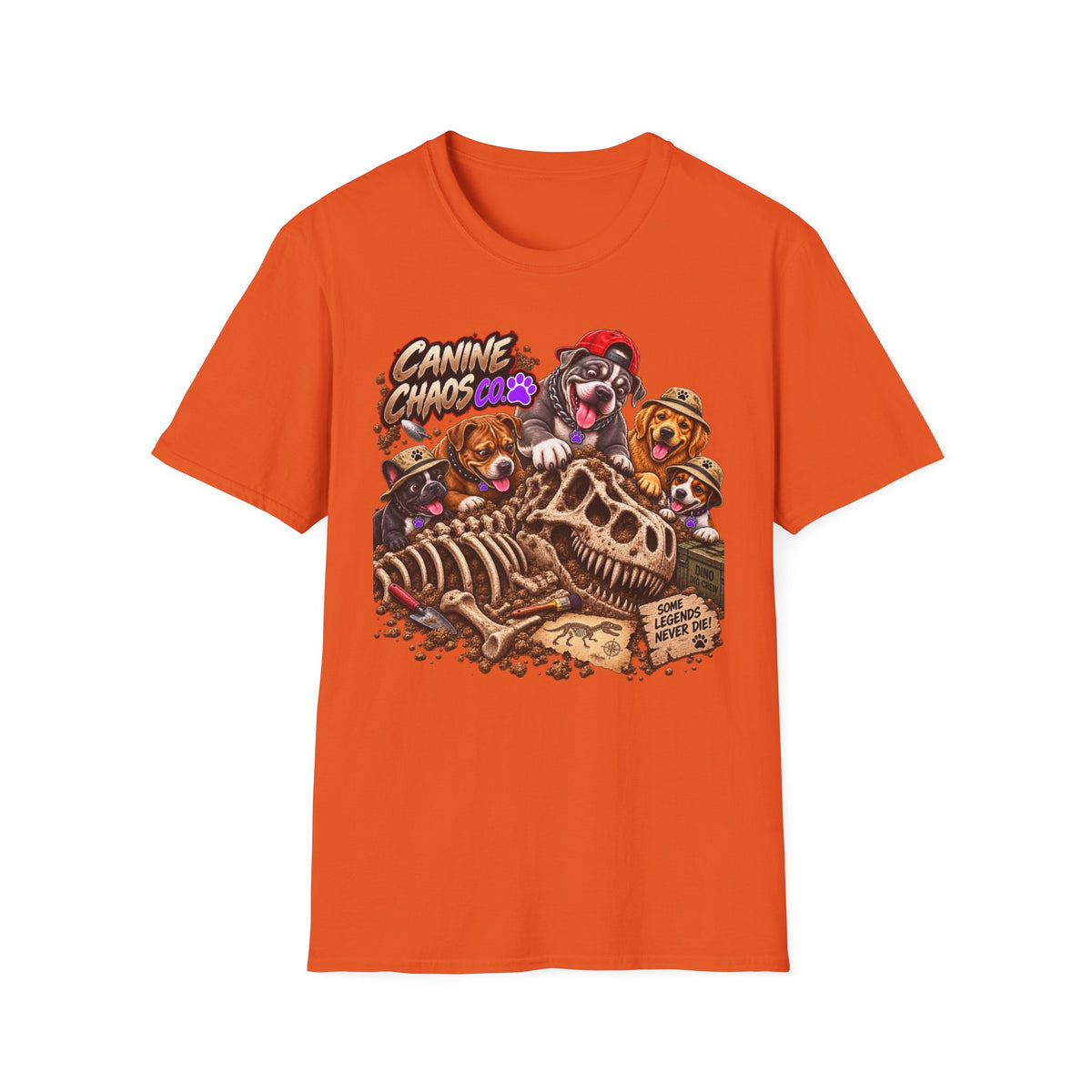 Canine Chaos Crew T-Shirt — Cute Dogs Digging Dinosaur Bones Graphic Tee