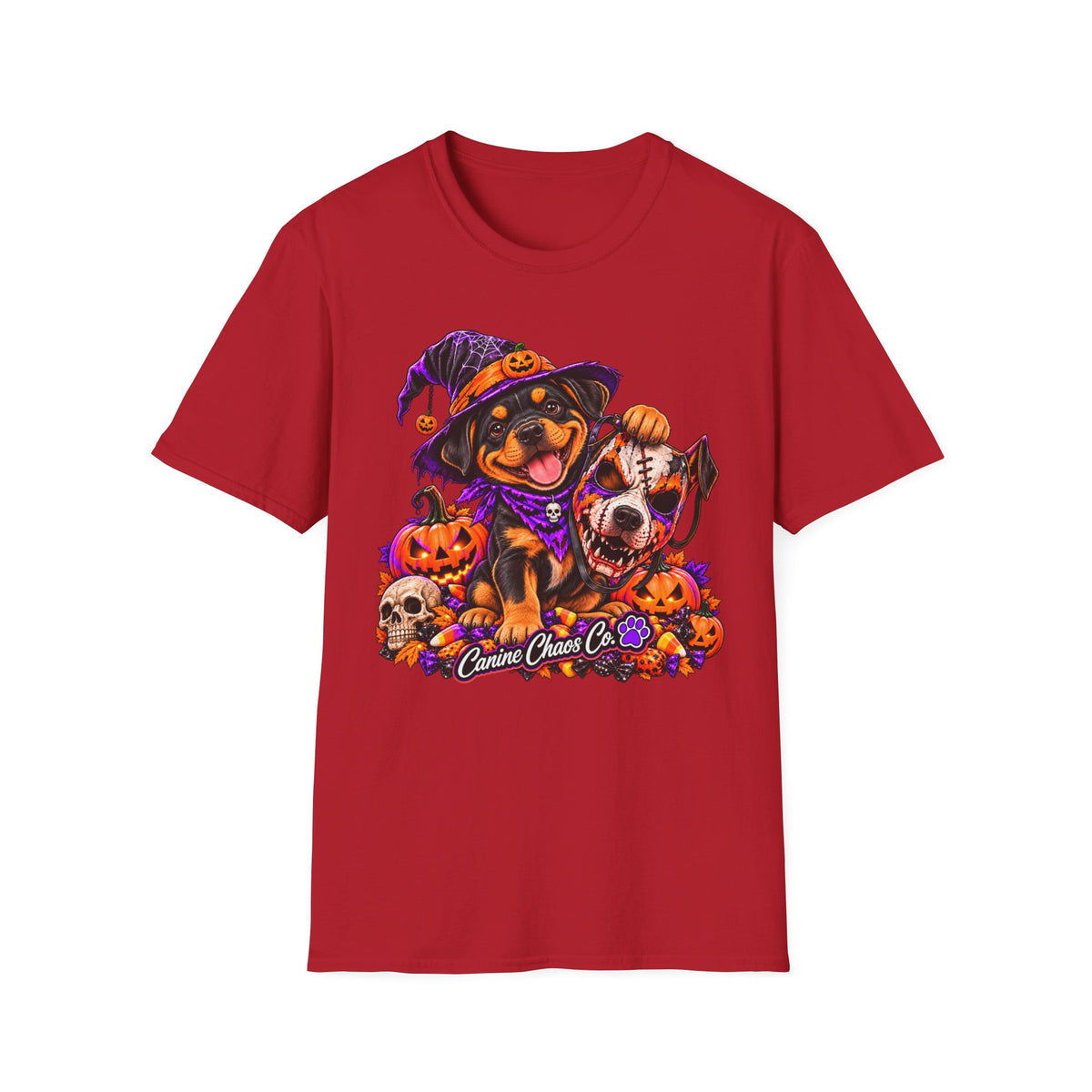 Halloween puppy T-Shirt — Cute Witch Dog with Pumpkins & Skulls