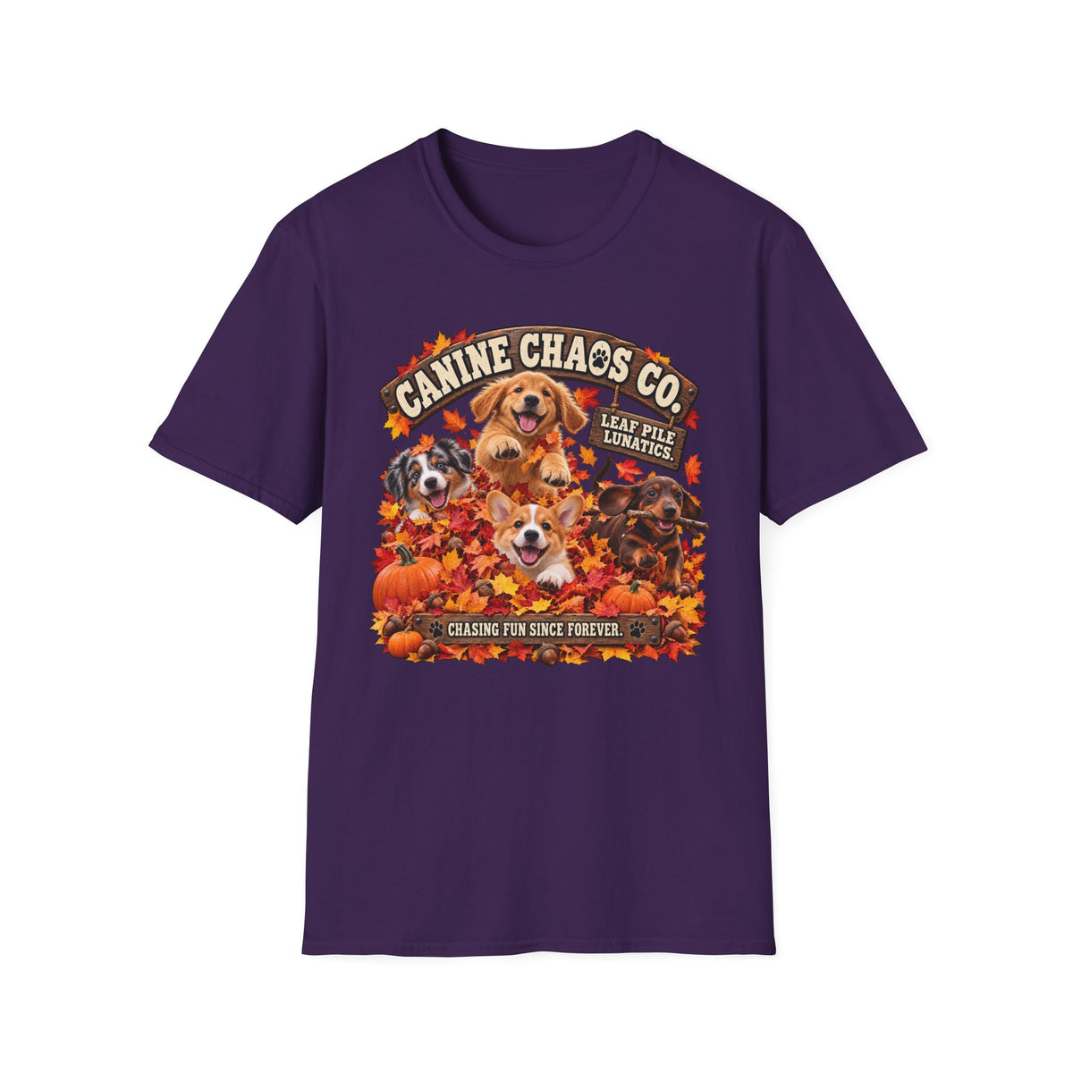 Canine Chaos Co. Fall Dogs T-Shirt — 'Leaf Pile Fanatics' Autumn Puppy Tee