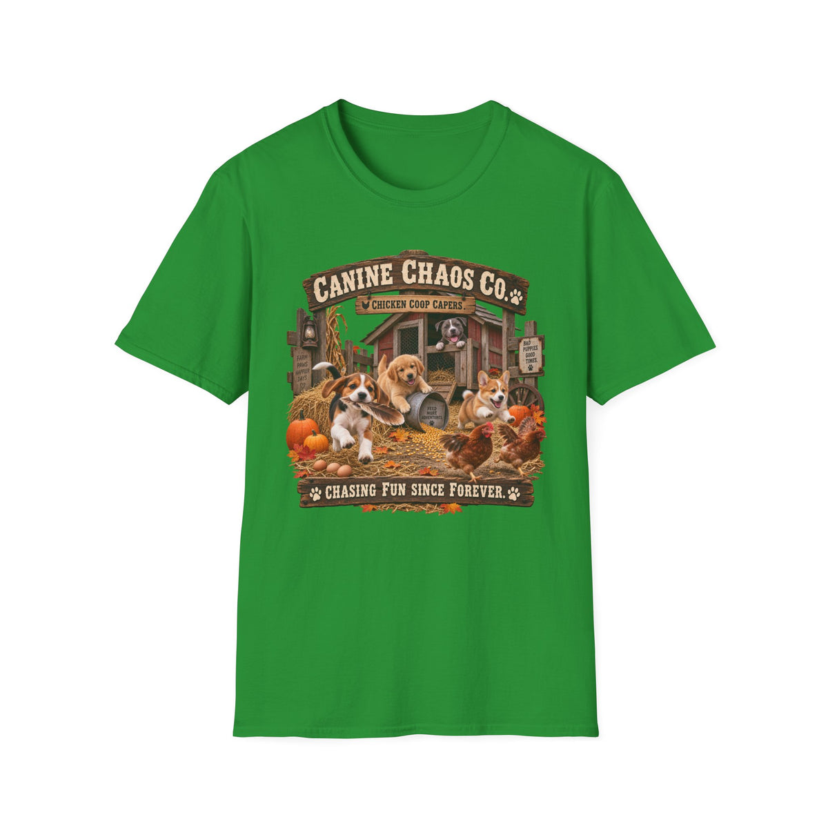 Canine Chaos Co. Fall Dogs T-Shirt — "Chasing Fun Since Forever"