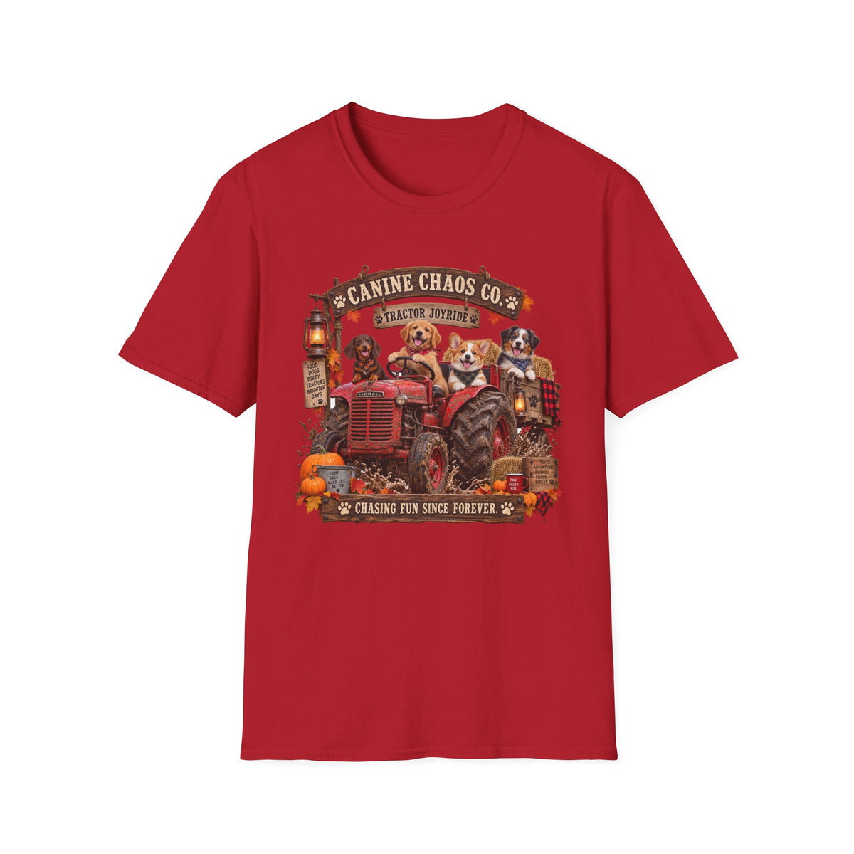 Canine Chaos Co. Fall Tractor T-Shirt — Cute Dogs on Tractor, Harvest & Pumpkin Farm Tee