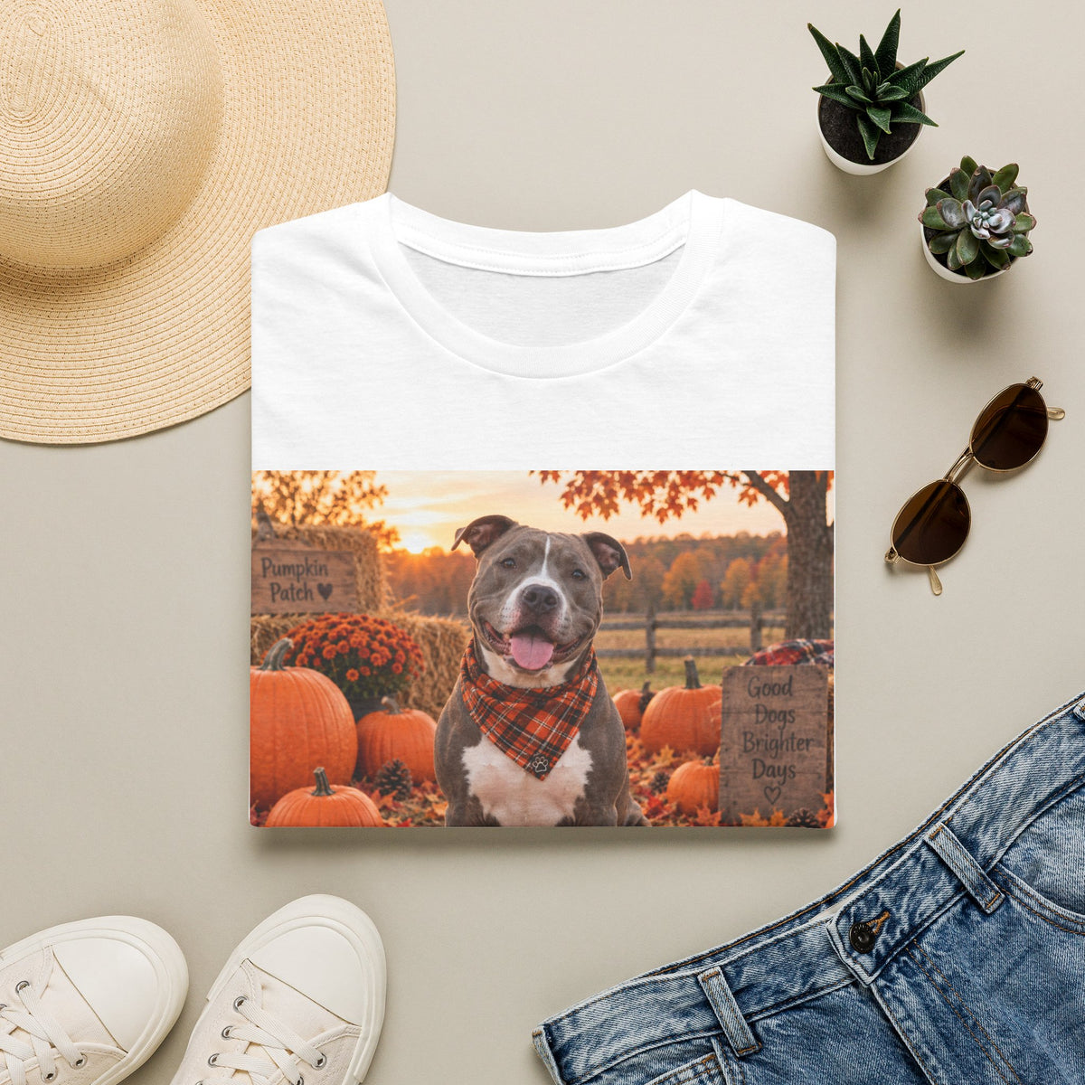 Fall Pumpkin Patch Dog T‑Shirt — Cute Pitbull in Autumn Scene